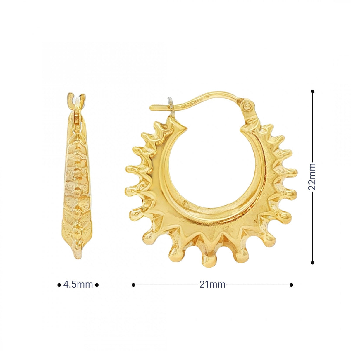 9ct Yellow Gold Graduated Ball-Edge Hoop Earrings -21x22mm -2.5g