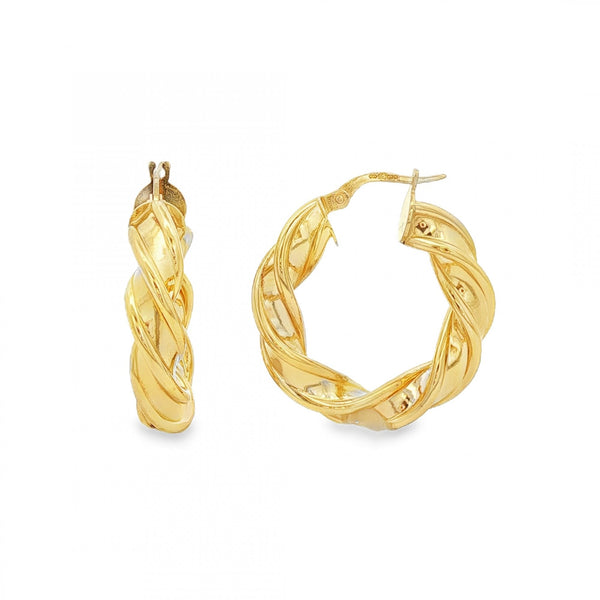 9ct Yellow Gold Twist Ribbon Hoop Earrings - 27x29mm - 2.9g