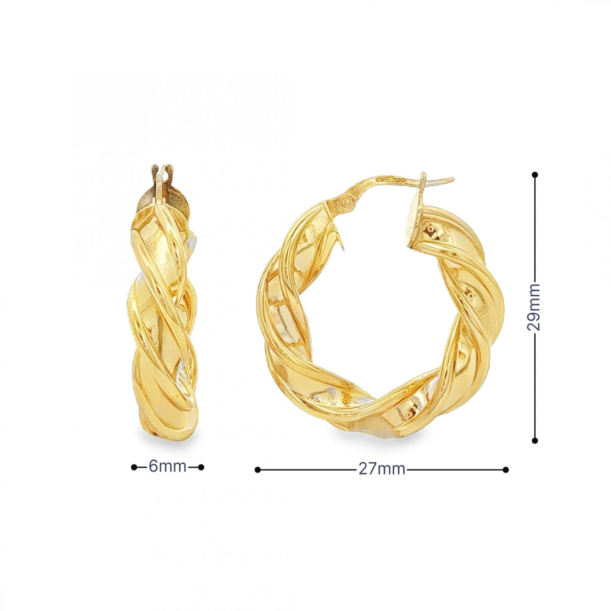 9ct Yellow Gold Twist Ribbon Hoop Earrings - 27x29mm - 2.9g