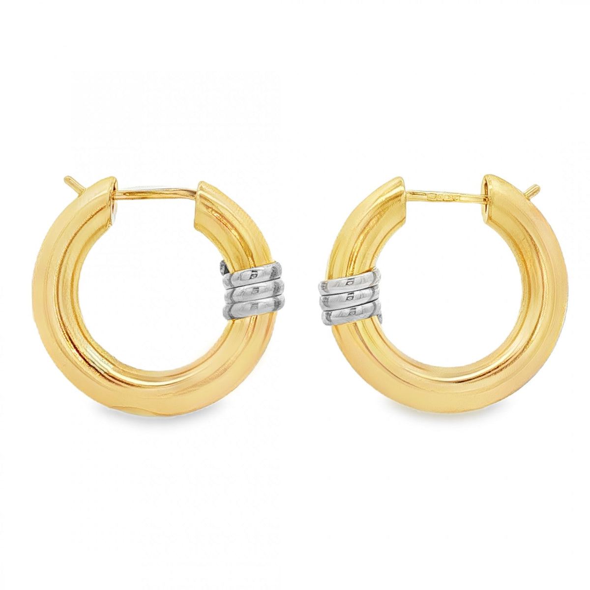 9ct Yellow & White Gold Hoop Earrings - 26x24x6mm - 5.6g