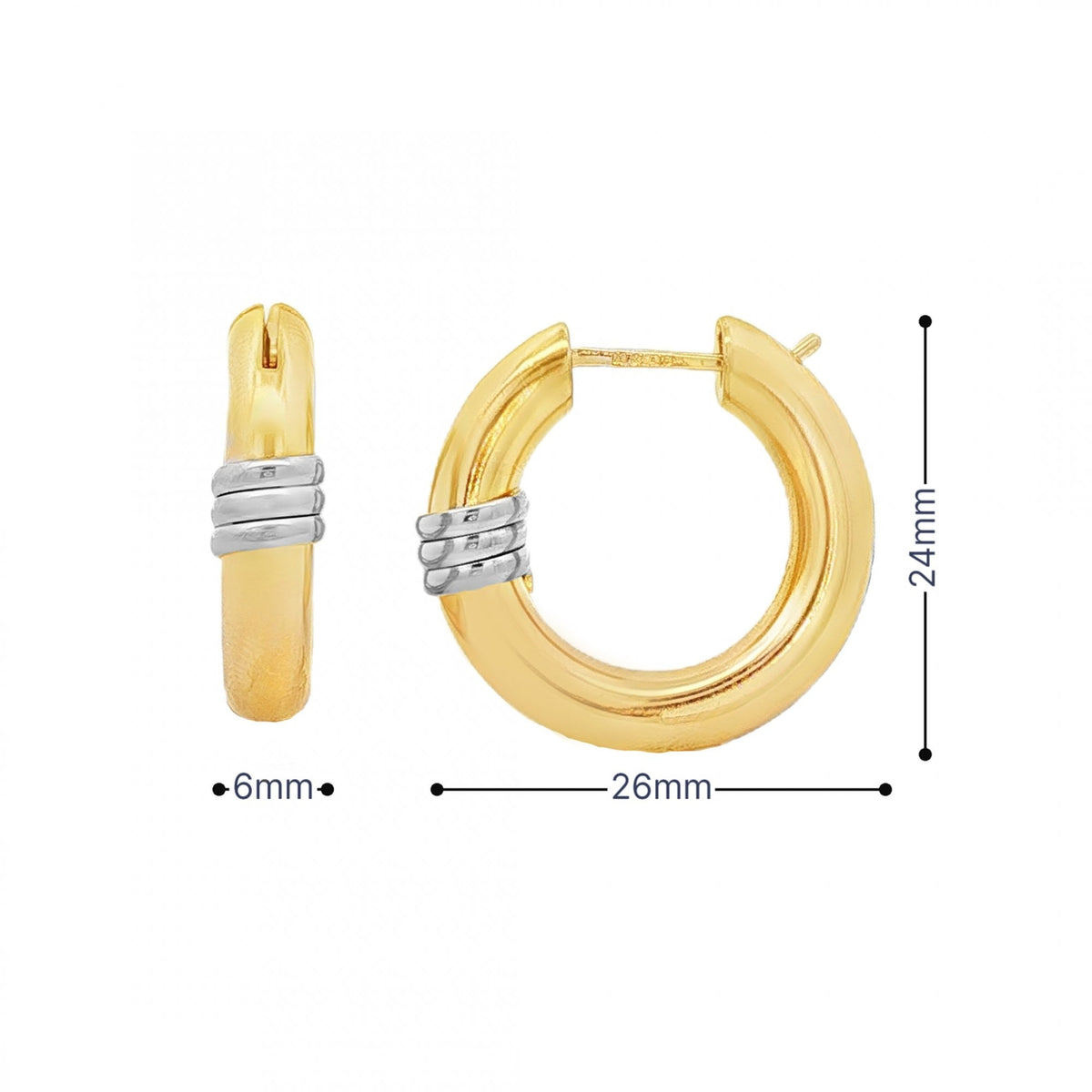 9ct Yellow & White Gold Hoop Earrings - 26x24x6mm - 5.6g