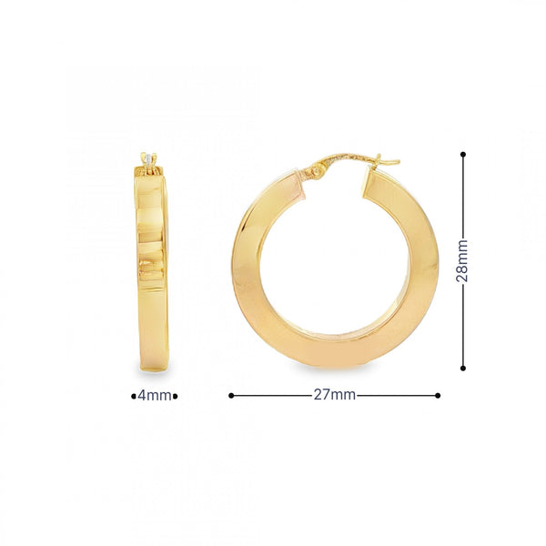 9ct Yellow Gold Flat-Edge Hoop Earrings - 27x28mm - 3.8g