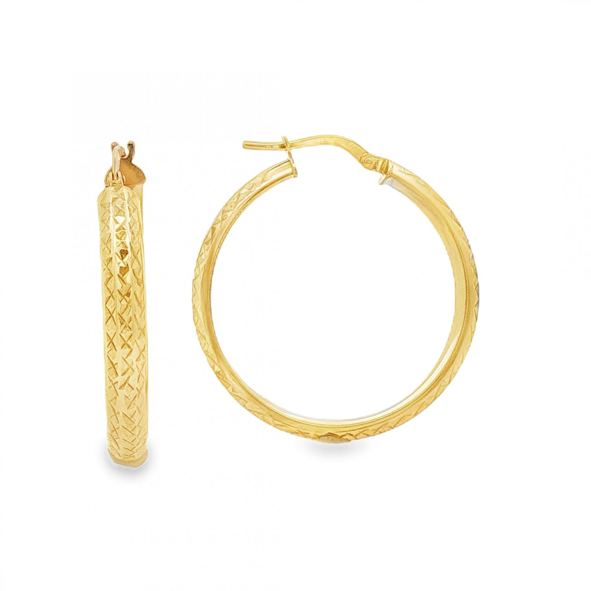 9ct Yellow Gold D-Shape Diamond-Cut Hoop Earrings -29x30mm -2.5g