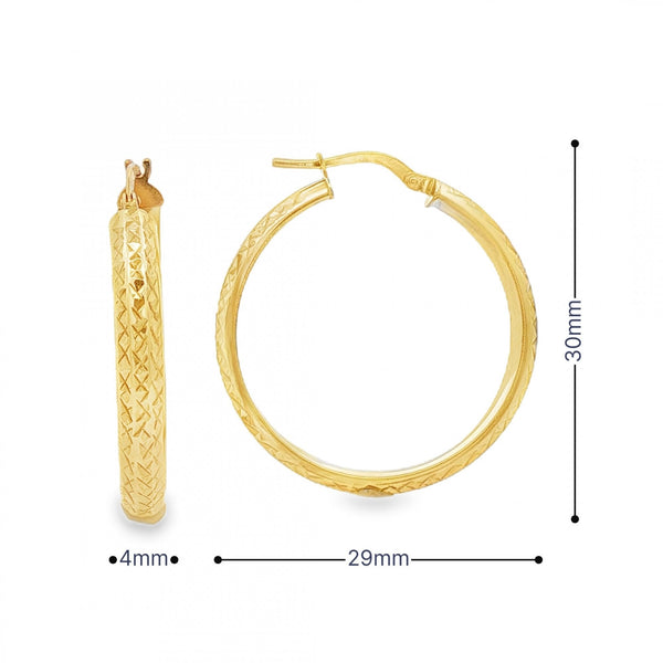 9ct Yellow Gold D-Shape Diamond-Cut Hoop Earrings -29x30mm -2.5g
