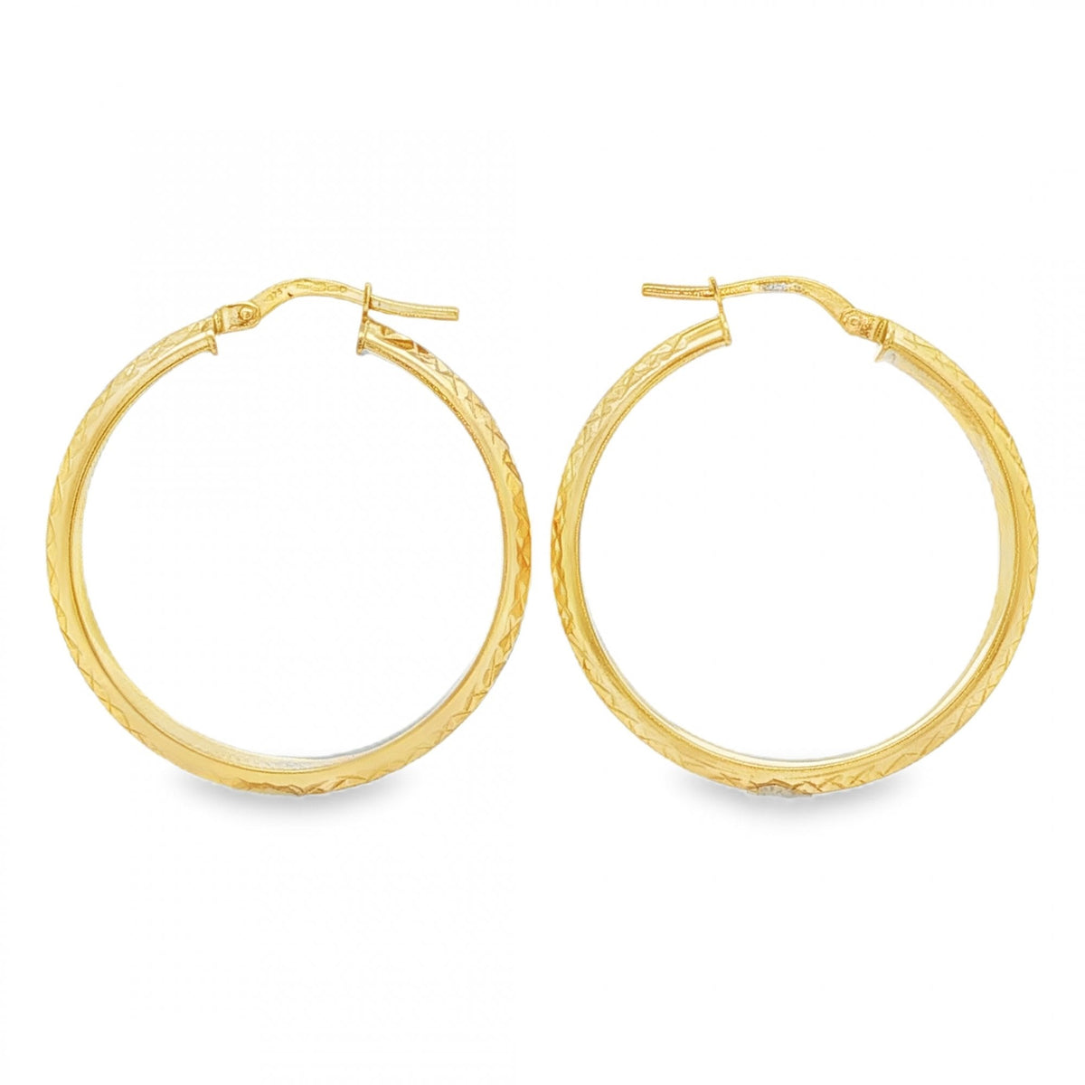 9ct Yellow Gold D-Shape Diamond-Cut Hoop Earrings -29x30mm -2.5g