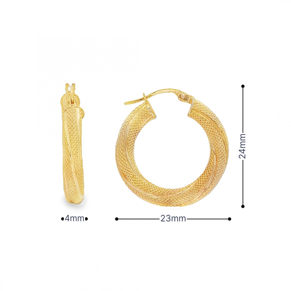 9ct Yellow Gold Patterned Twist Hoop Earrings - 23x24mm - 1.8g