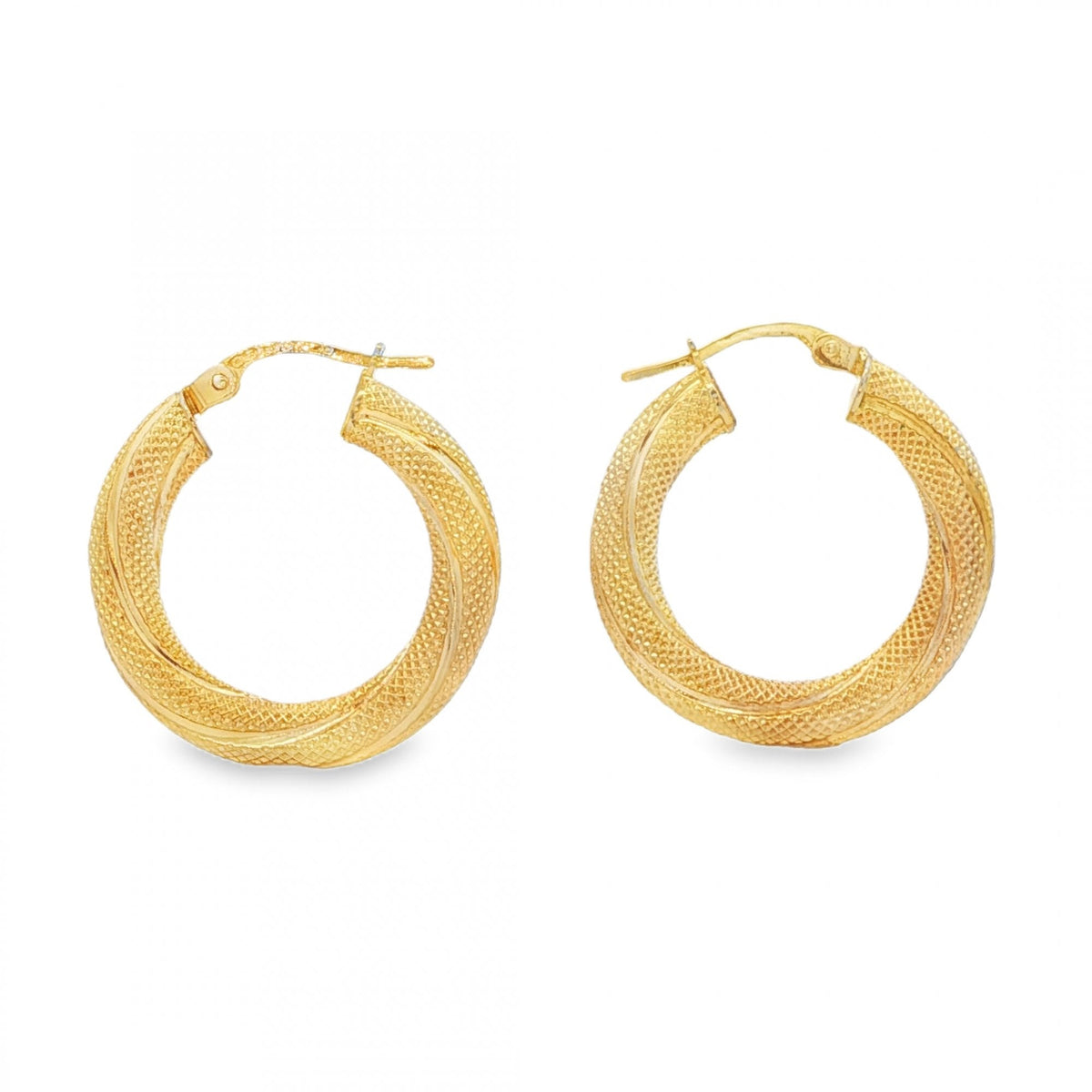 9ct Yellow Gold Patterned Twist Hoop Earrings - 23x24mm - 1.8g