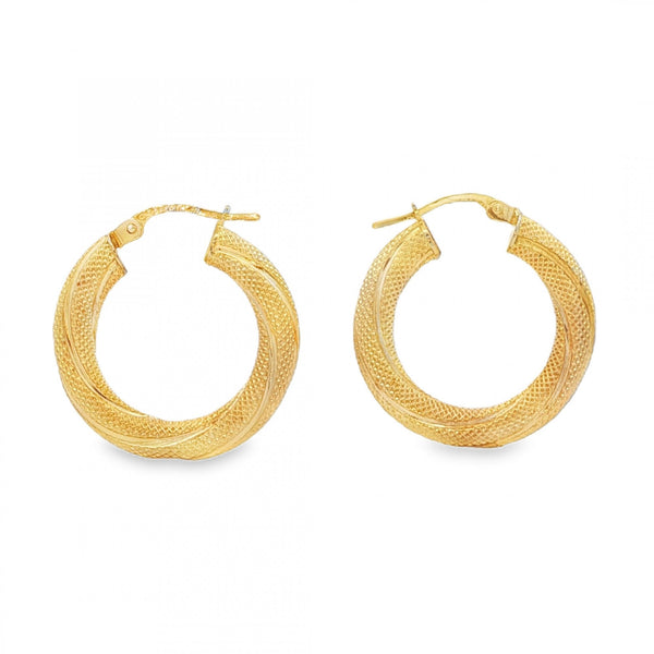 9ct Yellow Gold Patterned Twist Hoop Earrings - 23x24mm - 1.8g