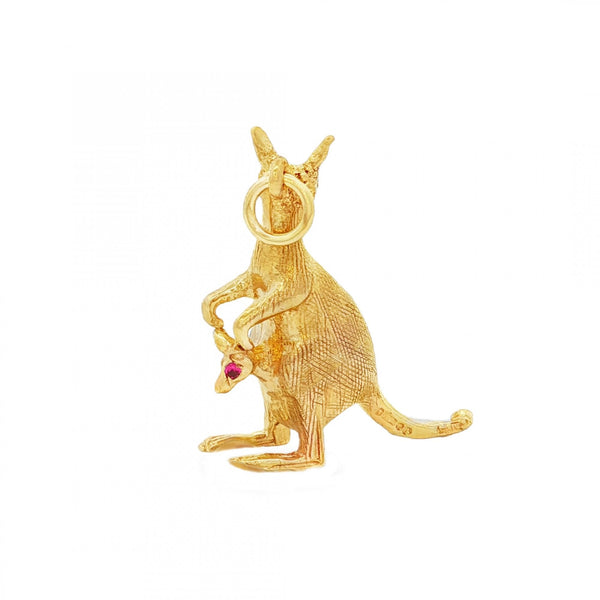 9ct Yellow Gold Pink Sapphires Kangaroo Charm - 21x25x7mm - 4.8g