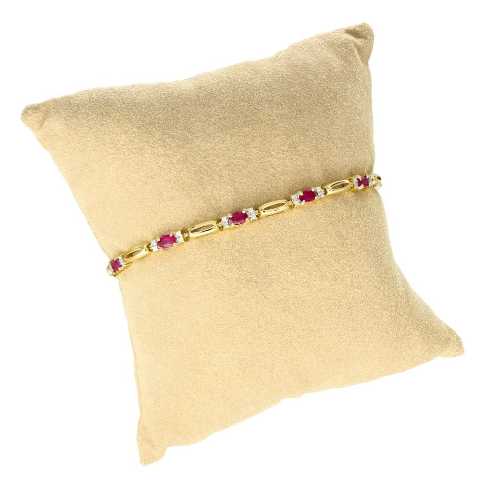 9ct Yellow Gold Ruby & Diamond Bar Bracelet - 7.5" - 0.25ct