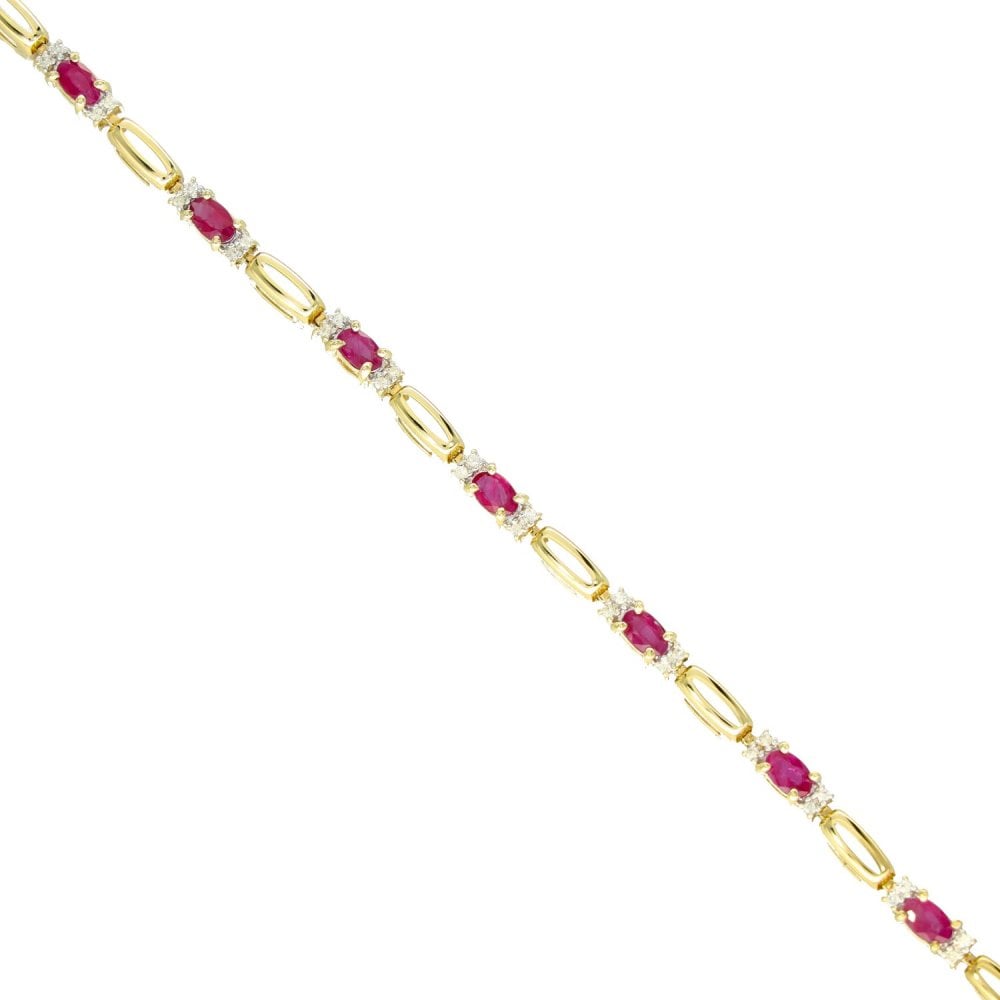 9ct Yellow Gold Ruby & Diamond Bar Bracelet - 7.5" - 0.25ct