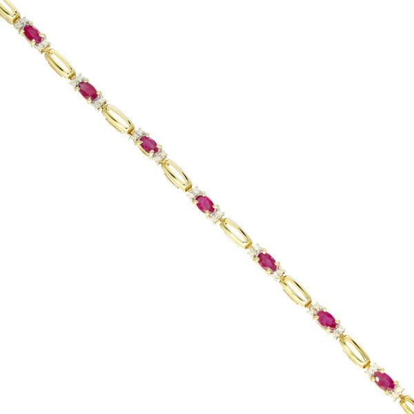9ct Yellow Gold Ruby & Diamond Bar Bracelet - 7.5" - 0.25ct