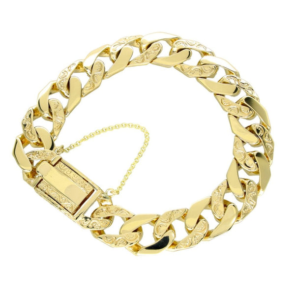9ct Yellow Gold Plain & Engraved Curb Bracelet - 9" - 58.0g