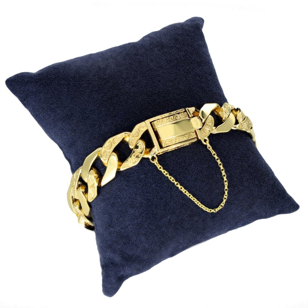 9ct Yellow Gold Plain & Engraved Curb Bracelet - 9" - 58.0g