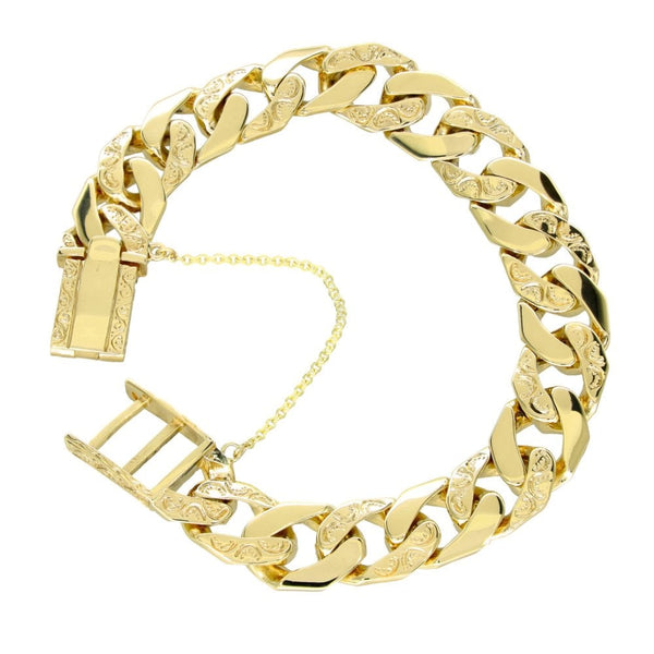 9ct Yellow Gold Plain & Engraved Curb Bracelet - 9" - 58.0g