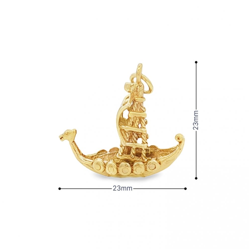 9ct Yellow Gold Viking Ship Charm - 23x23x14mm - 4.1g