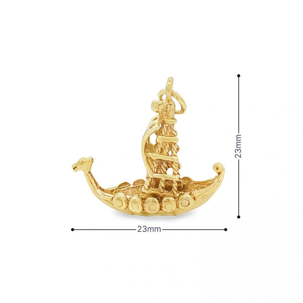 9ct Yellow Gold Viking Ship Charm - 23x23x14mm - 4.1g