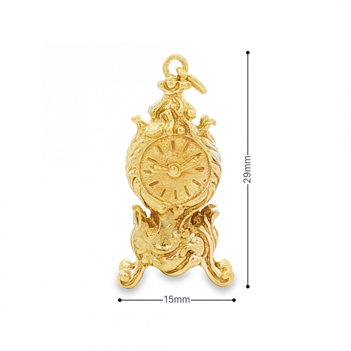 9ct Yellow Gold Old Clock Charm - 15x29x12mm - 8.1g