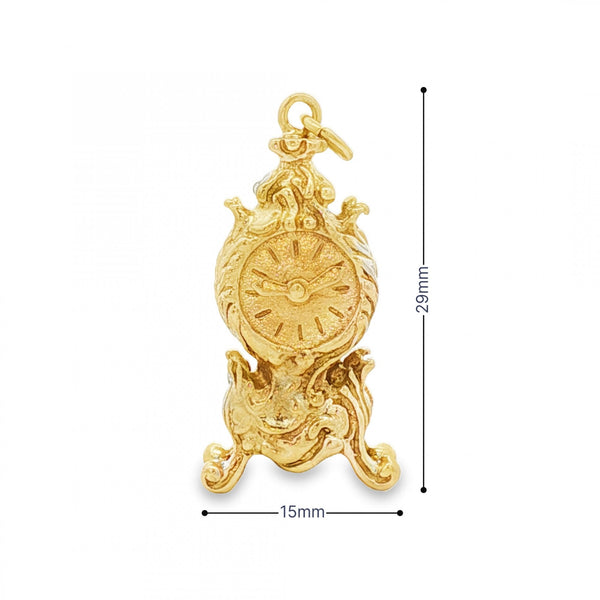 9ct Yellow Gold Old Clock Charm - 15x29x12mm - 8.1g