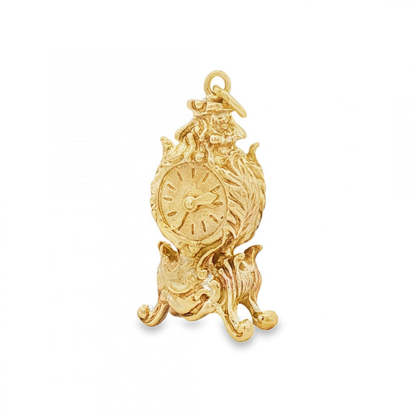 9ct Yellow Gold Old Clock Charm - 15x29x12mm - 8.1g