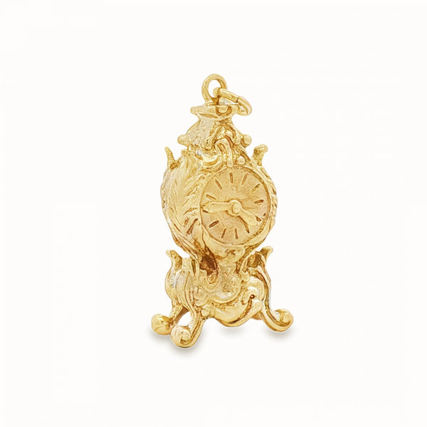 9ct Yellow Gold Old Clock Charm - 15x29x12mm - 8.1g