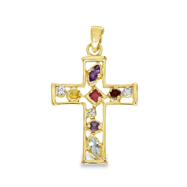 9ct Yellow Gold Multi-Birthstone Cross Pendant - 18x27mm - 2.2g