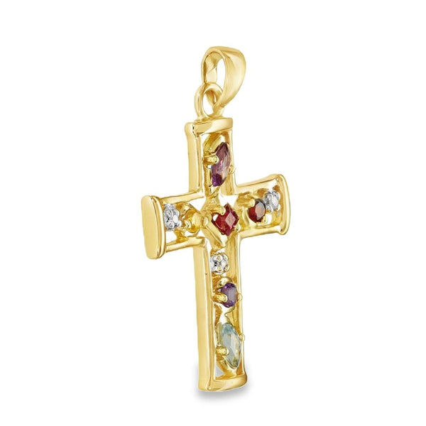 9ct Yellow Gold Multi-Birthstone Cross Pendant - 18x27mm - 2.2g