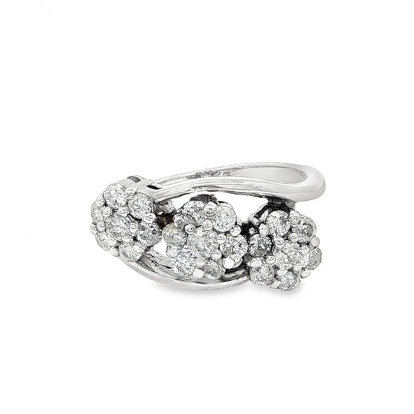 18ct White Gold Diamond Triple Cluster Ring - Size N - 1.00ct