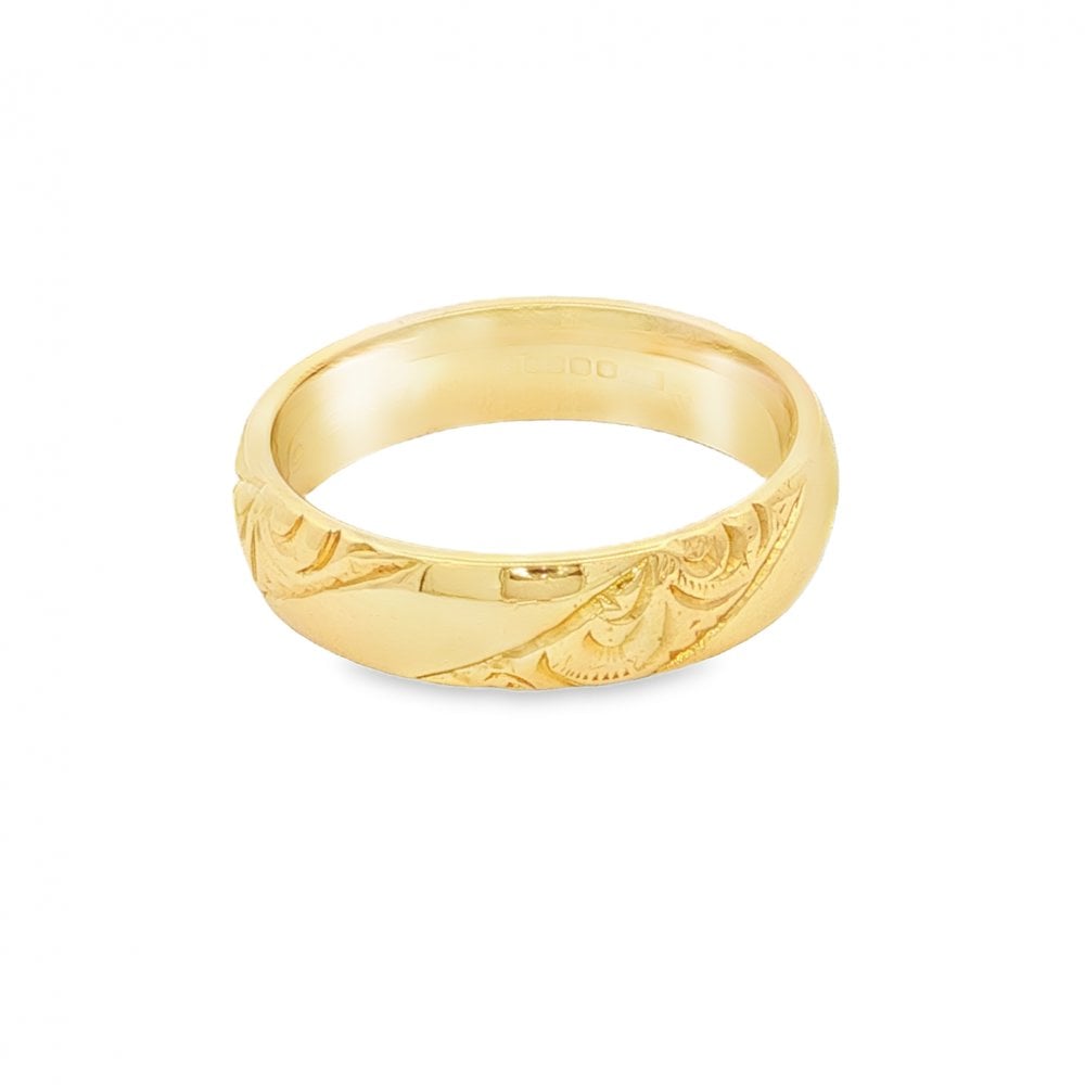 18ct Yellow Gold Patterned Court Wedding Band - Size M - 5mm