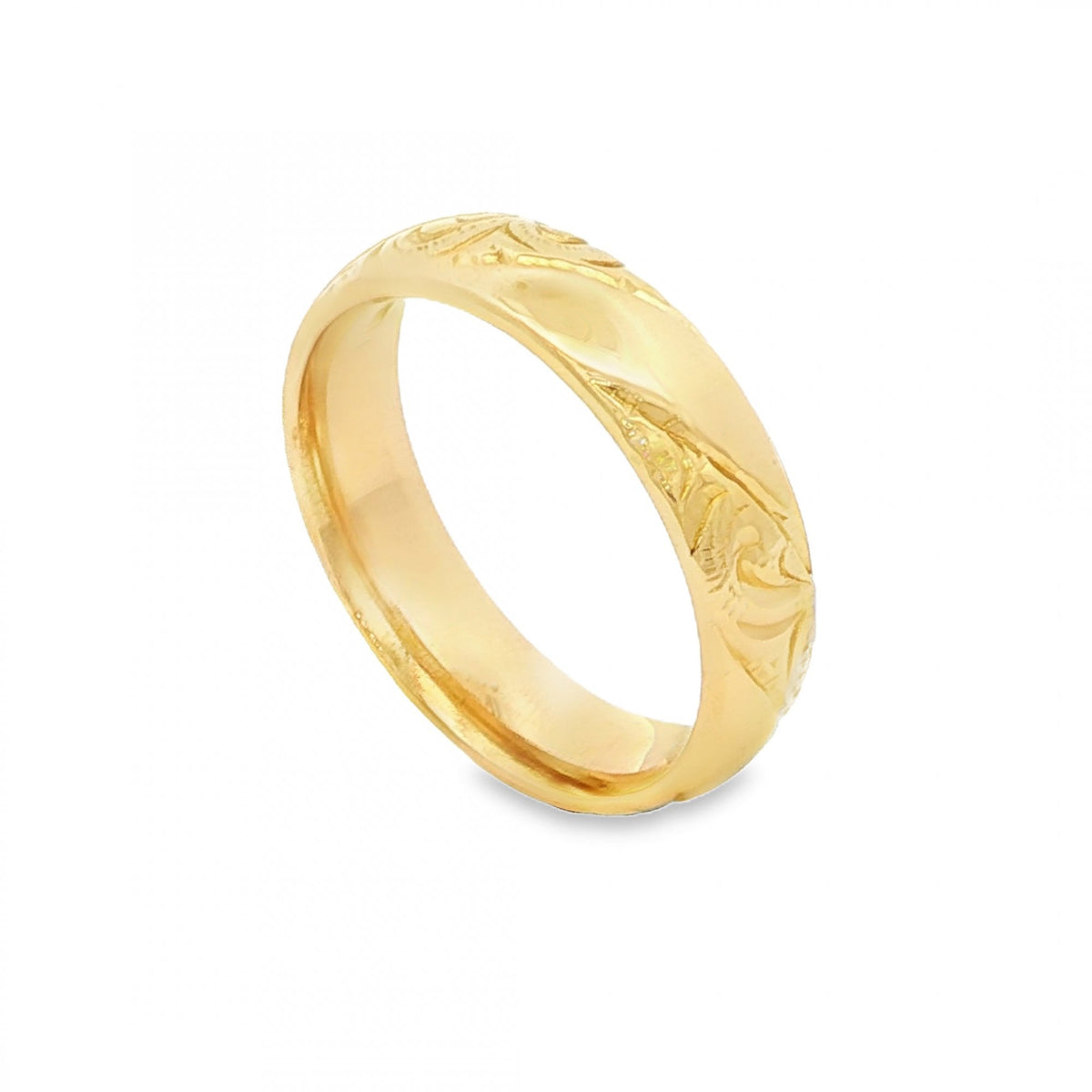 18ct Yellow Gold Patterned Court Wedding Band - Size M - 5mm