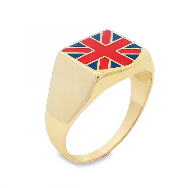 9ct Yellow Gold Union Jack Signet Ring - Size Y - 14mm