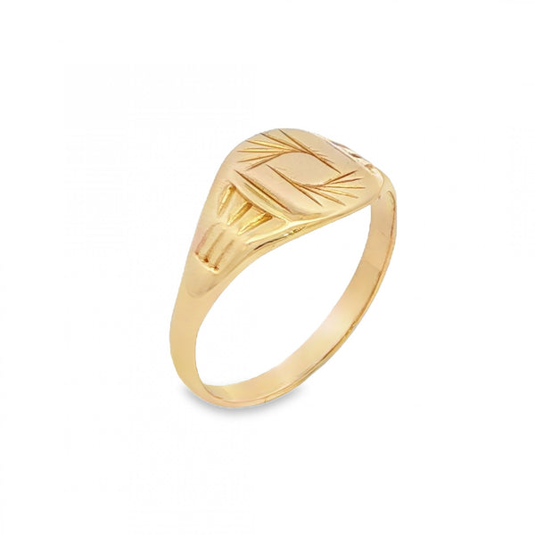 9ct Yellow Gold Patterned Signet Ring - Size O - 10mm
