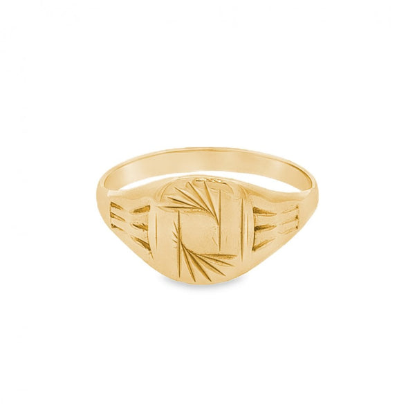 9ct Yellow Gold Patterned Signet Ring - Size O - 10mm