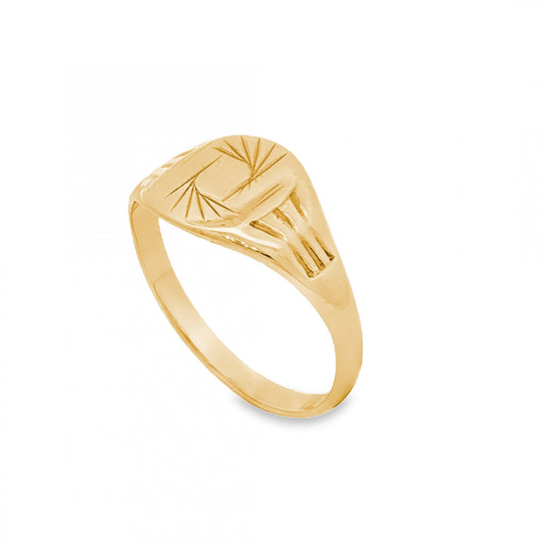9ct Yellow Gold Patterned Signet Ring - Size O - 10mm