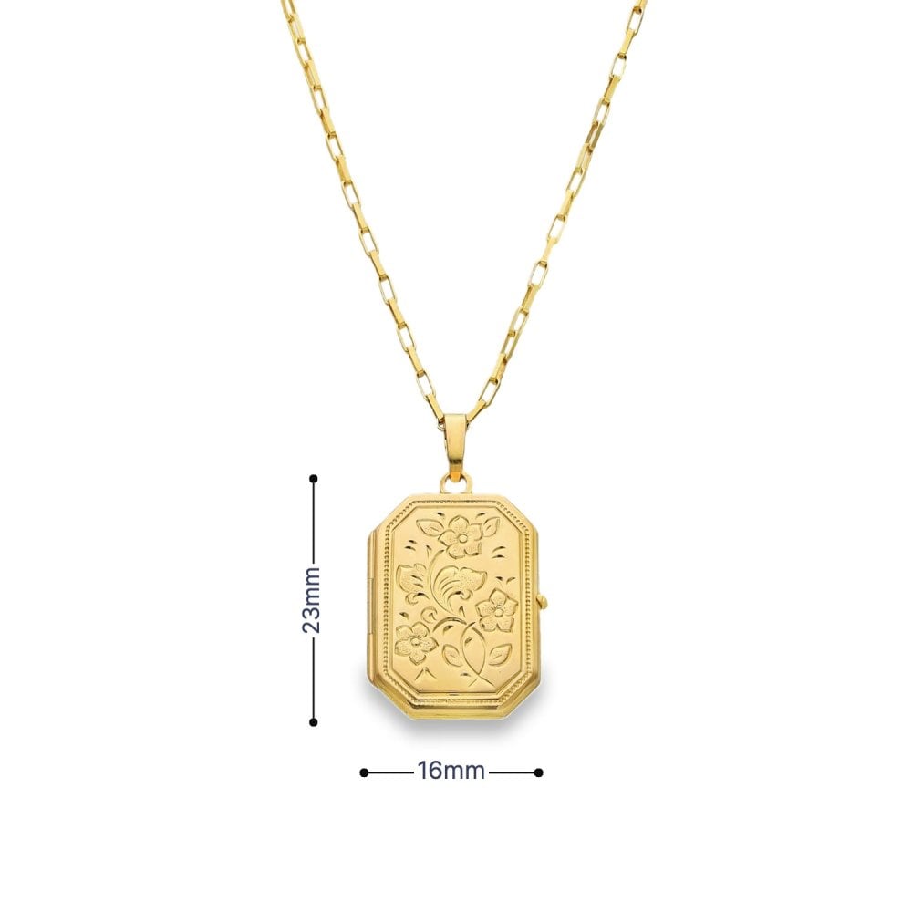 9ct Yellow Gold Octagonal Floral Locket & Chain -16x23x4mm -4.0g