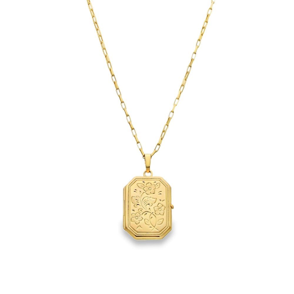 9ct Yellow Gold Octagonal Floral Locket & Chain -16x23x4mm -4.0g