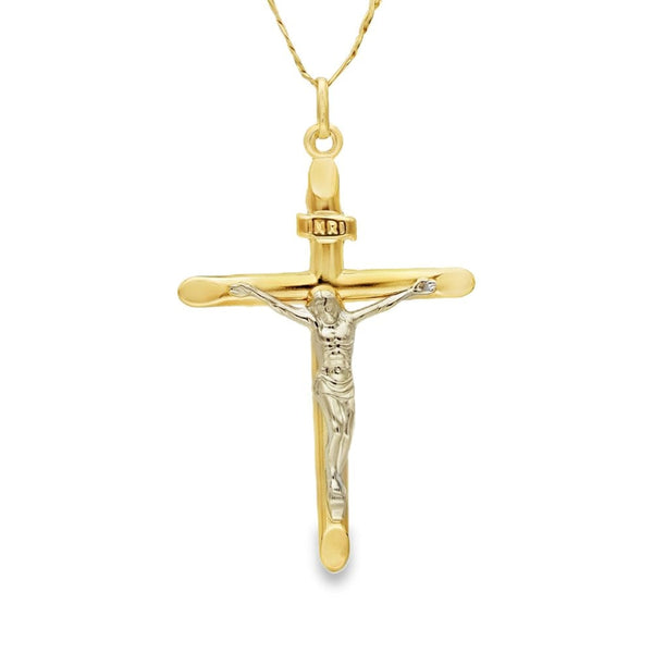 9ct Yellow Gold Crucifix Pendant & Figaro Chain - 18" - 3.5g