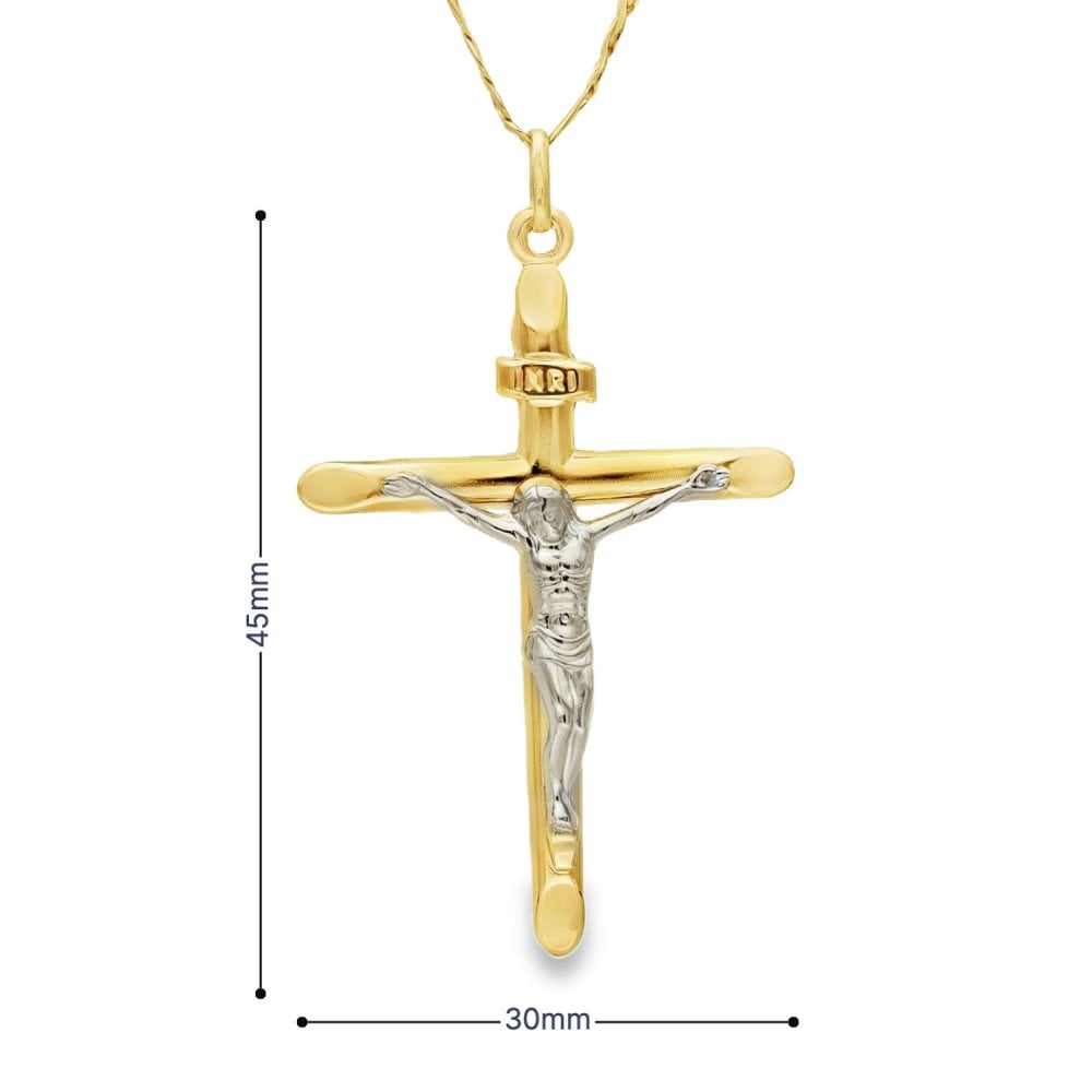 9ct Yellow Gold Crucifix Pendant & Figaro Chain - 18" - 3.5g