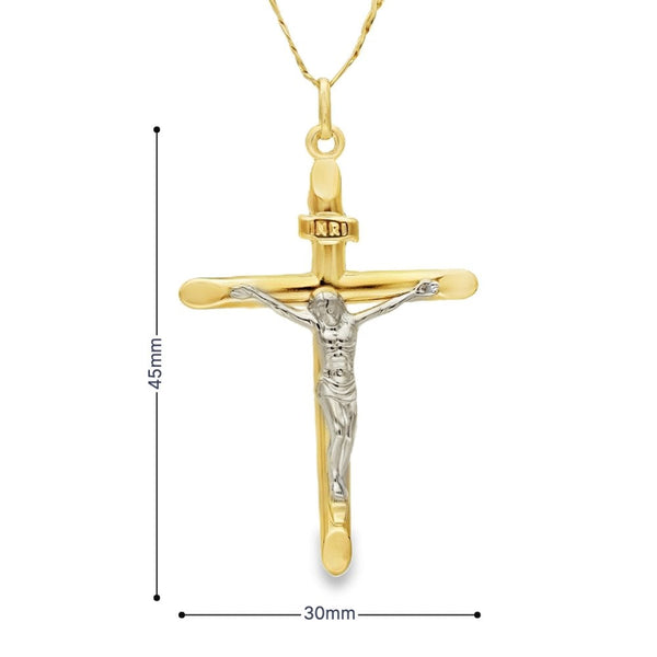 9ct Yellow Gold Crucifix Pendant & Figaro Chain - 18" - 3.5g
