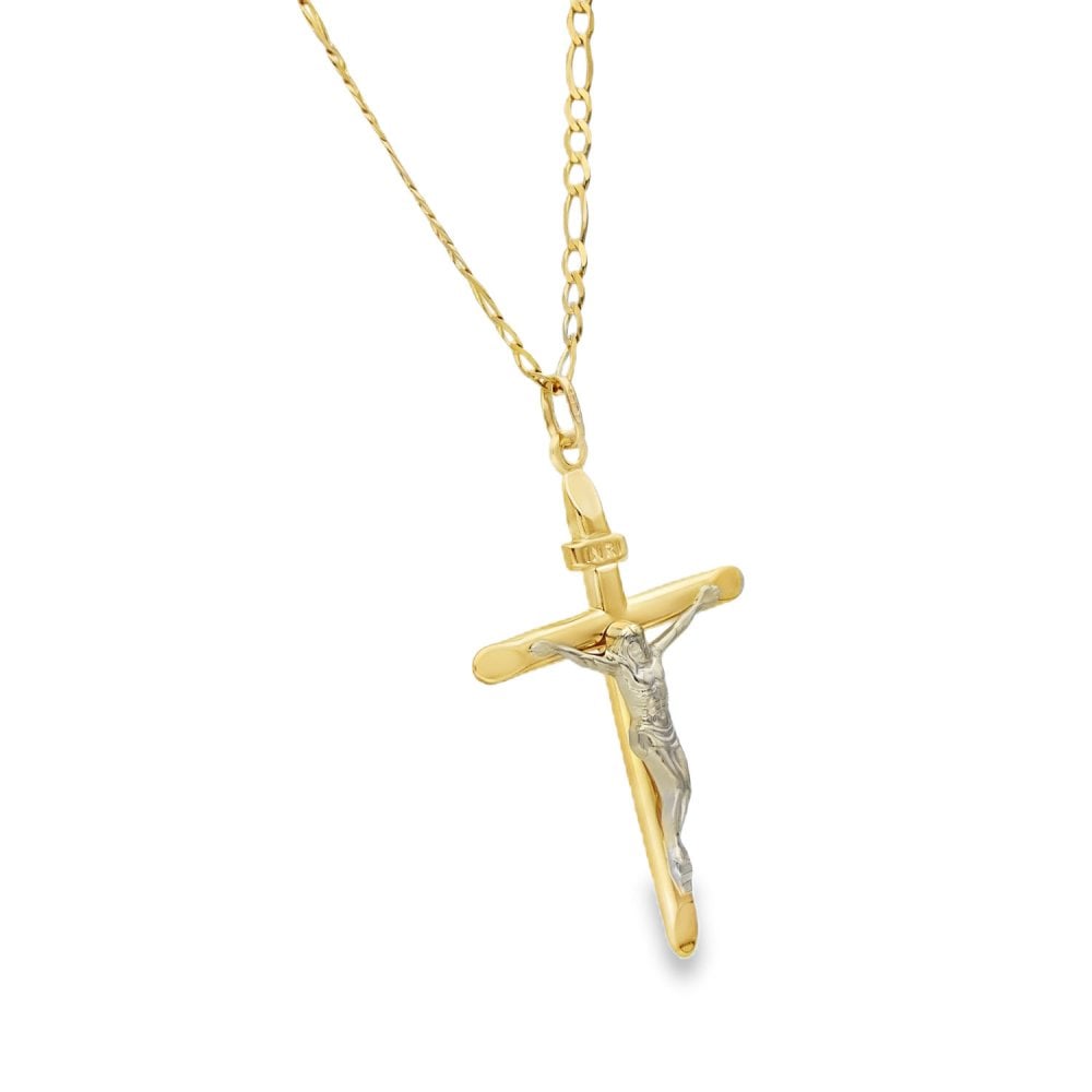9ct Yellow Gold Crucifix Pendant & Figaro Chain - 18" - 3.5g
