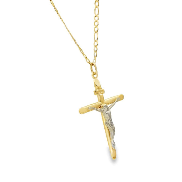 9ct Yellow Gold Crucifix Pendant & Figaro Chain - 18" - 3.5g