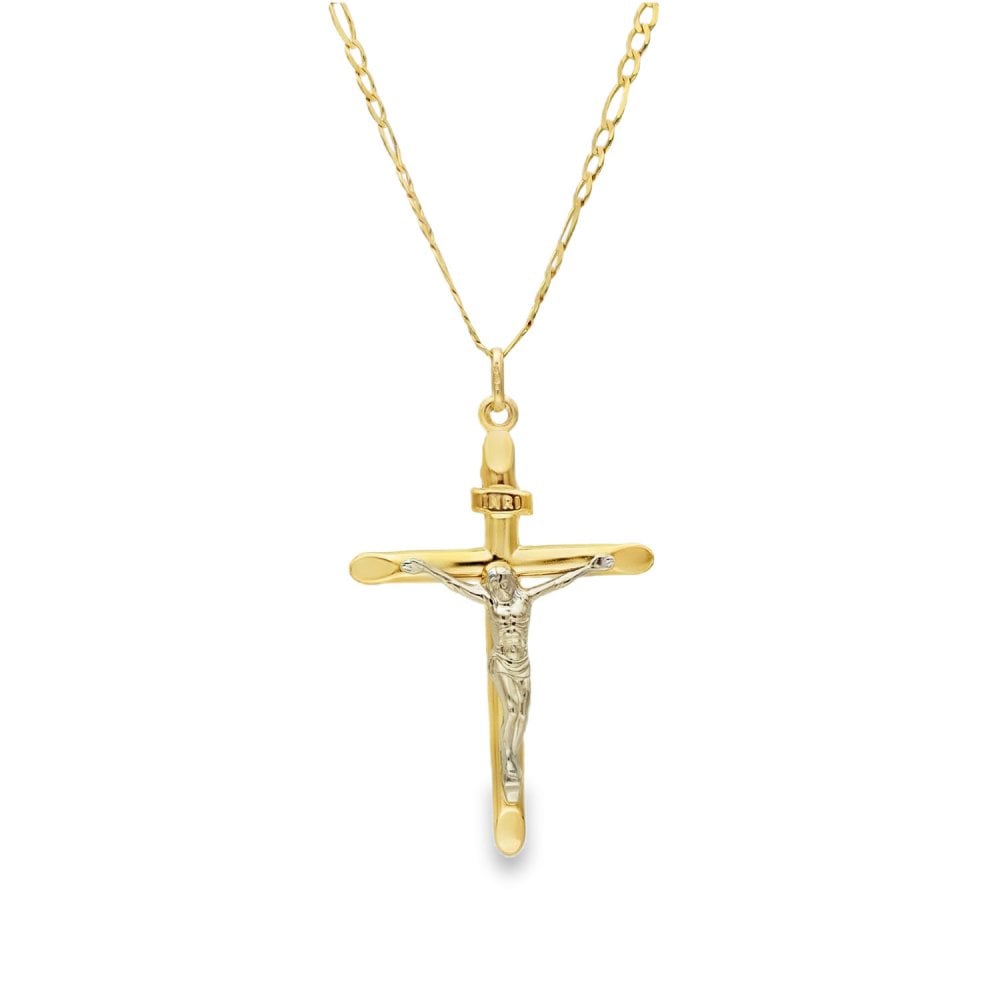 9ct Yellow Gold Crucifix Pendant & Figaro Chain - 18" - 3.5g