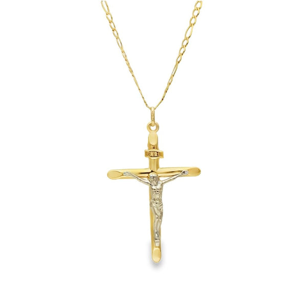 9ct Yellow Gold Crucifix Pendant & Figaro Chain - 18" - 3.5g