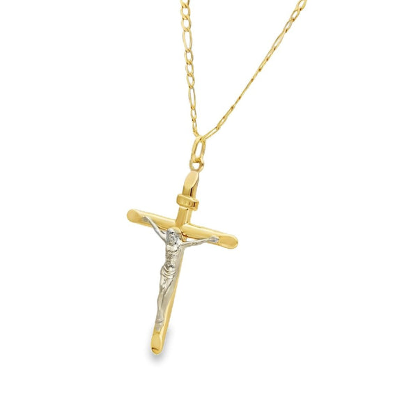 9ct Yellow Gold Crucifix Pendant & Figaro Chain - 18" - 3.5g