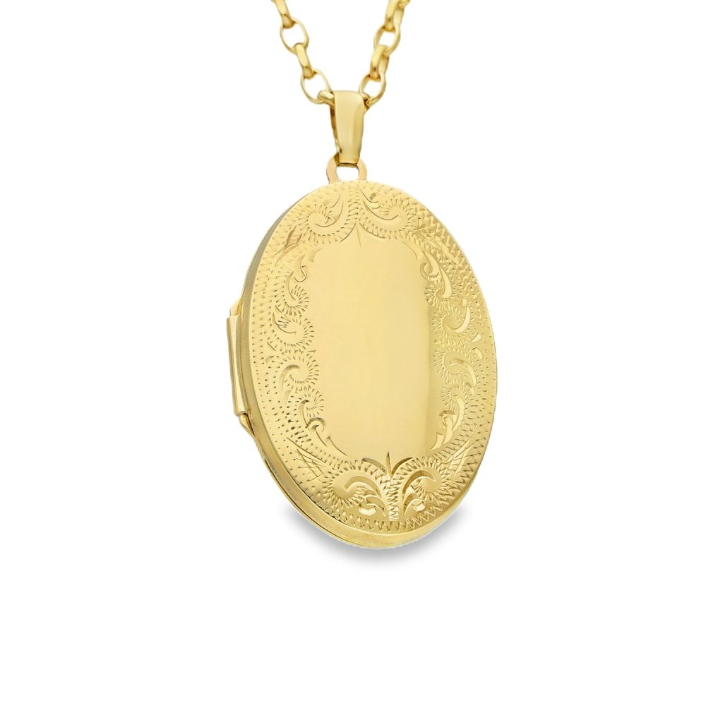9ct Yellow Gold Patterned Edge Oval Locket & Chain - 8.9g