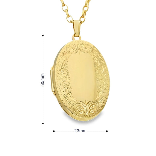 9ct Yellow Gold Patterned Edge Oval Locket & Chain - 8.9g