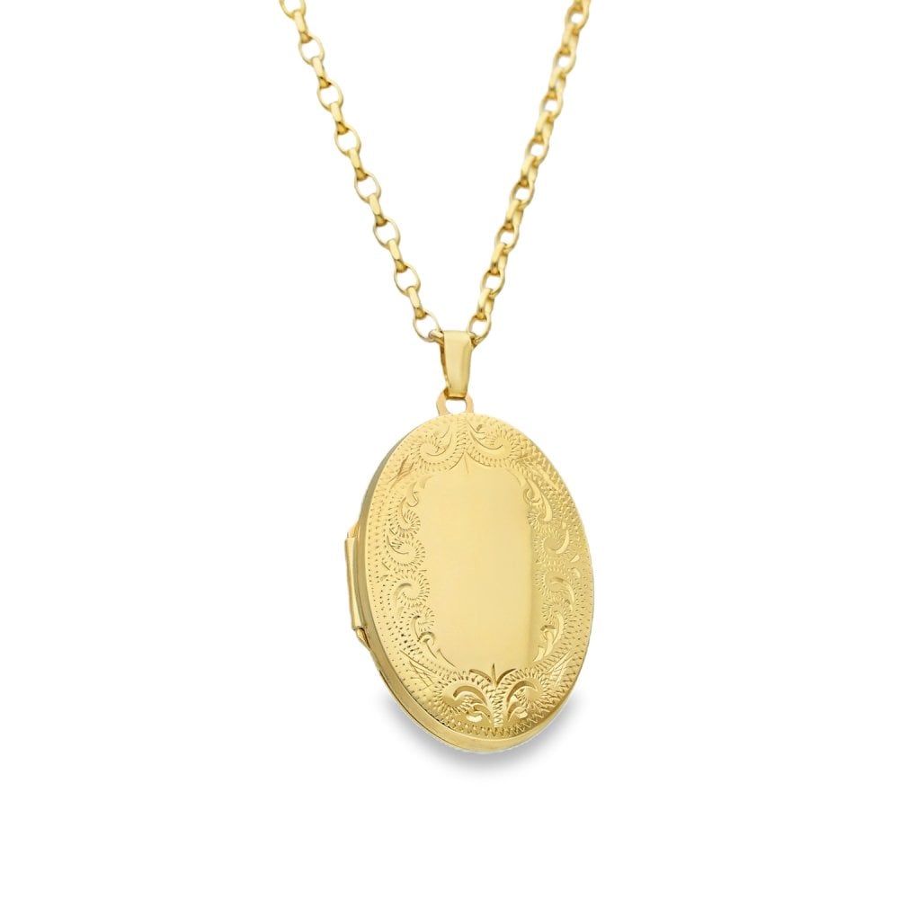 9ct Yellow Gold Patterned Edge Oval Locket & Chain - 8.9g