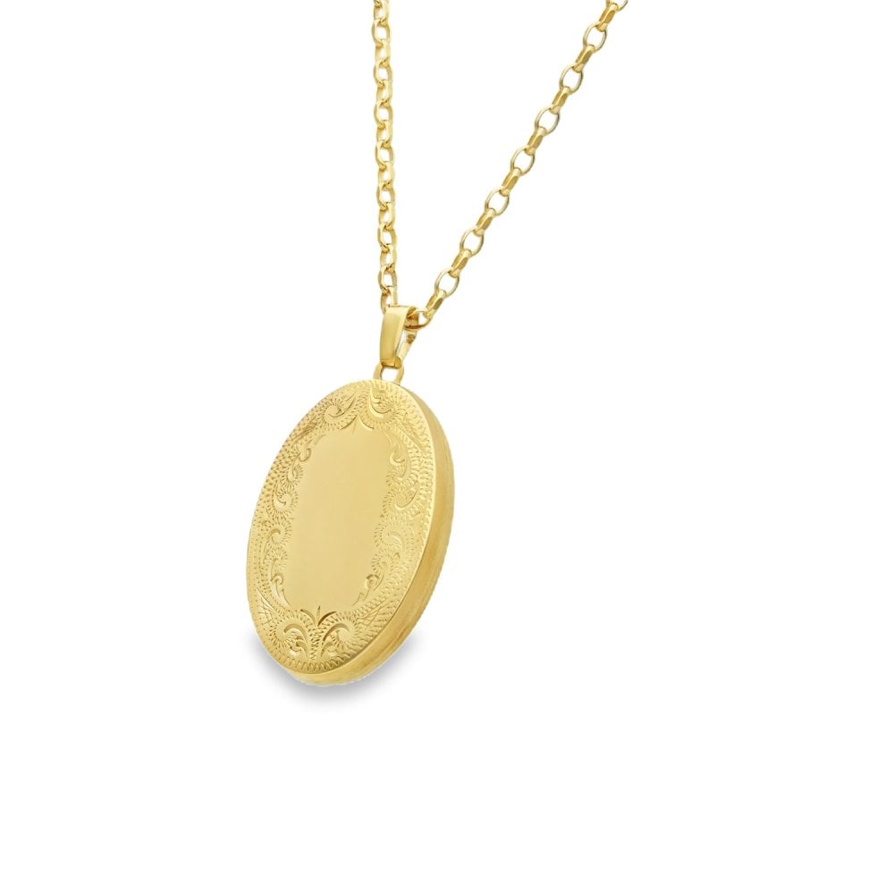 9ct Yellow Gold Patterned Edge Oval Locket & Chain - 8.9g
