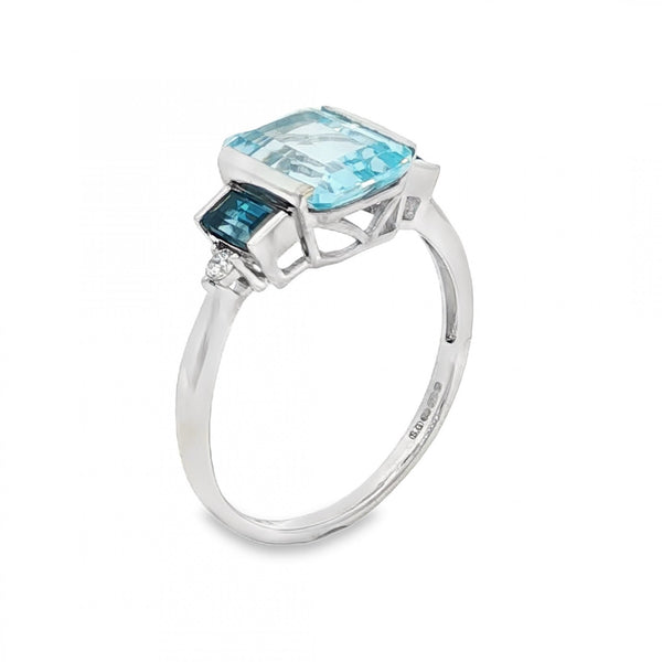 9ct Yellow Gold Blue Topaz & Diamond Trilogy Ring - Size O