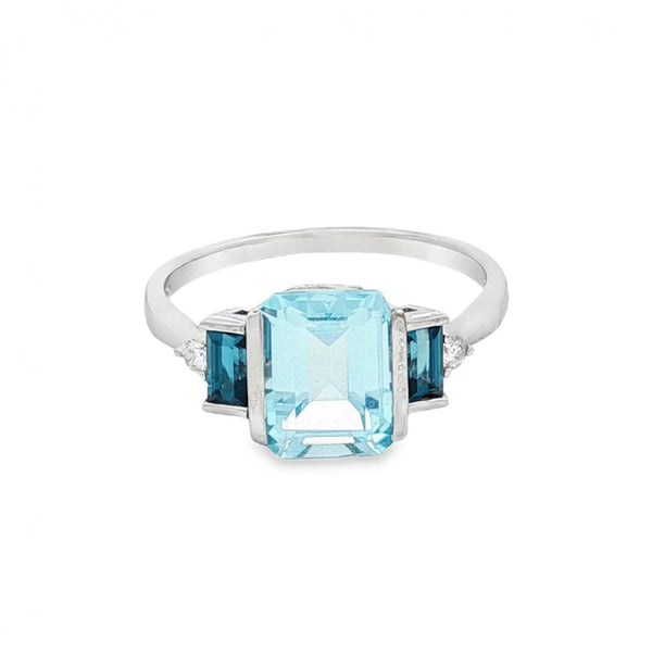 9ct Yellow Gold Blue Topaz & Diamond Trilogy Ring - Size O